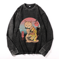 Cat Vintage Cotton Wash Crewneck Long-Sleeve T-Shirt