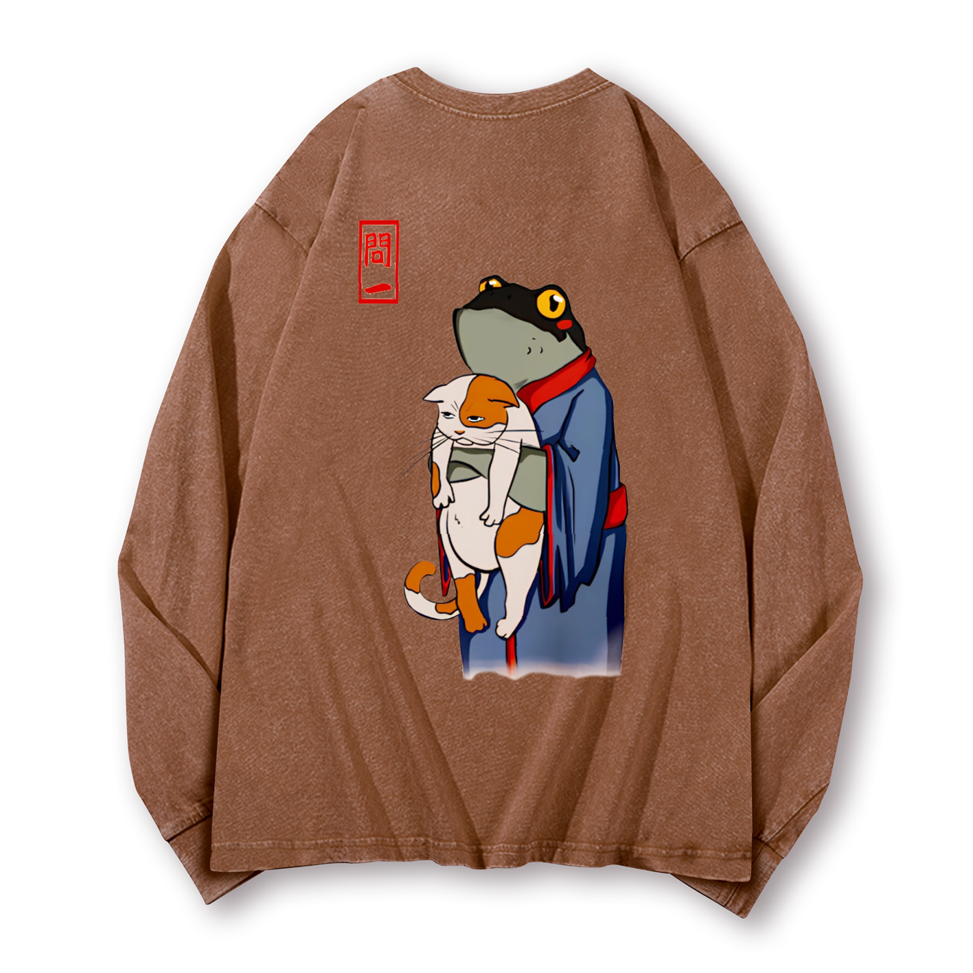 Frog and Cat Vintage Washed Cotton Back Art Long-sleeve T-shirt