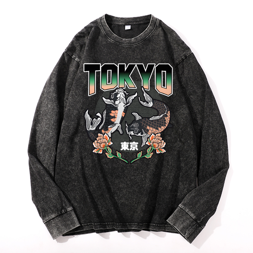 Tokyo Koi Vintage Cotton Wash Crewneck Long-Sleeve T-Shirt