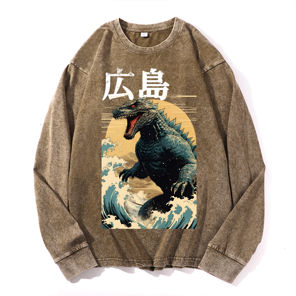 Hiroshima Kaiju Vintage Cotton Wash Crewneck Long-Sleeve T-Shirt