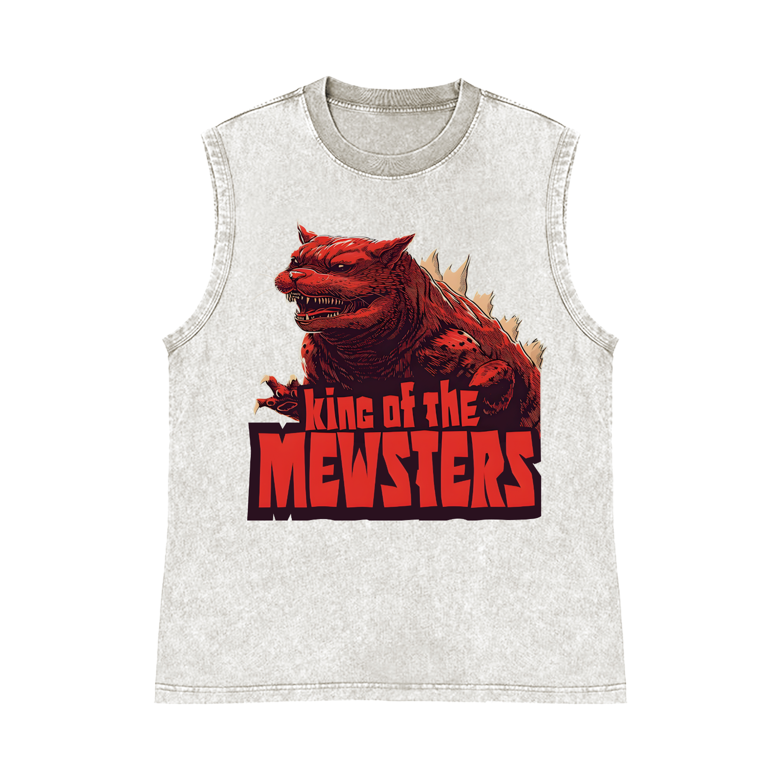 Cat Catzilla Kaiju King Of The Mewsters Pure Cotton Wash-Dyed Sleeveless Tank Top