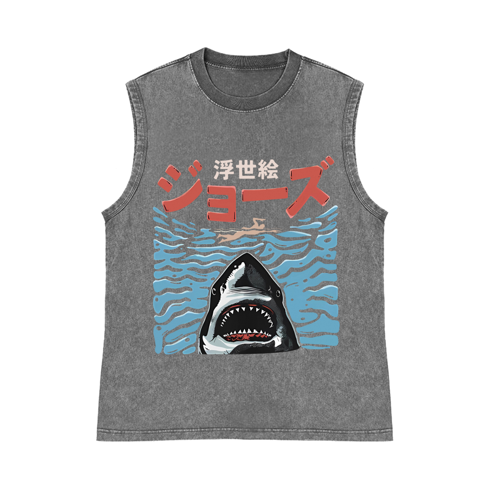 Ukiyoe Jaws Shark Pure Cotton Wash-Dyed Sleeveless Tank Top