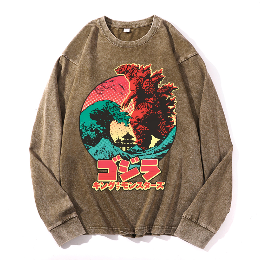 Kaiju Wave Vintage Cotton Wash Crewneck Long-Sleeve T-Shirt