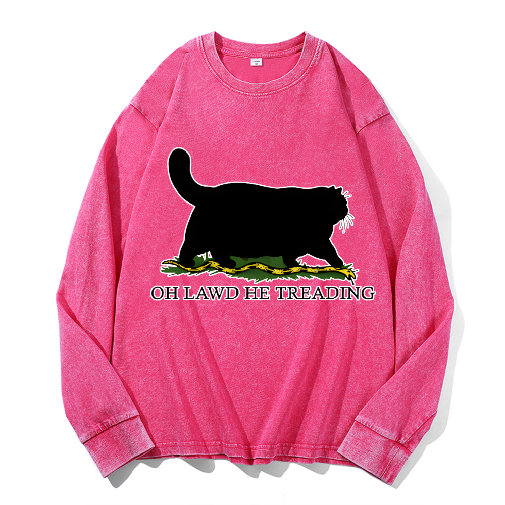 Black Cat Vintage Cotton Wash Crewneck Long-Sleeve T-Shirt