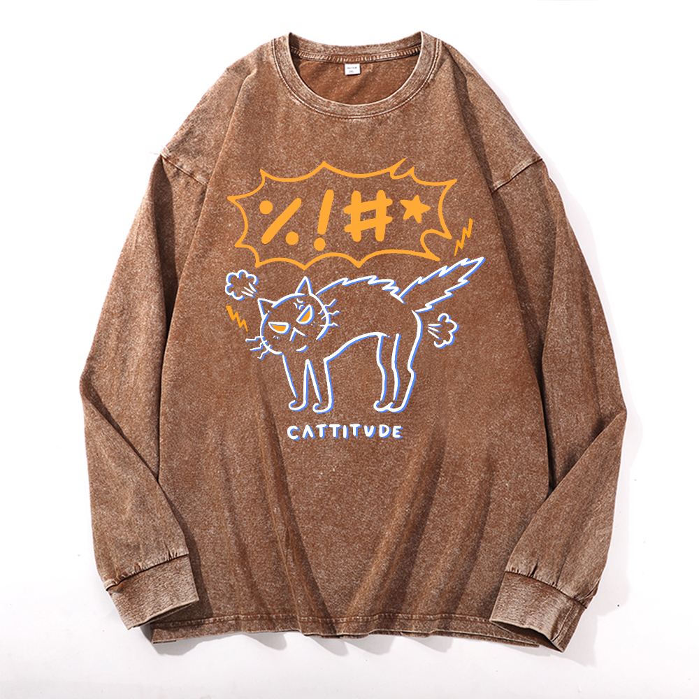 Cat Cattitude Vintage Cotton Wash Crewneck Long-Sleeve T-Shirt