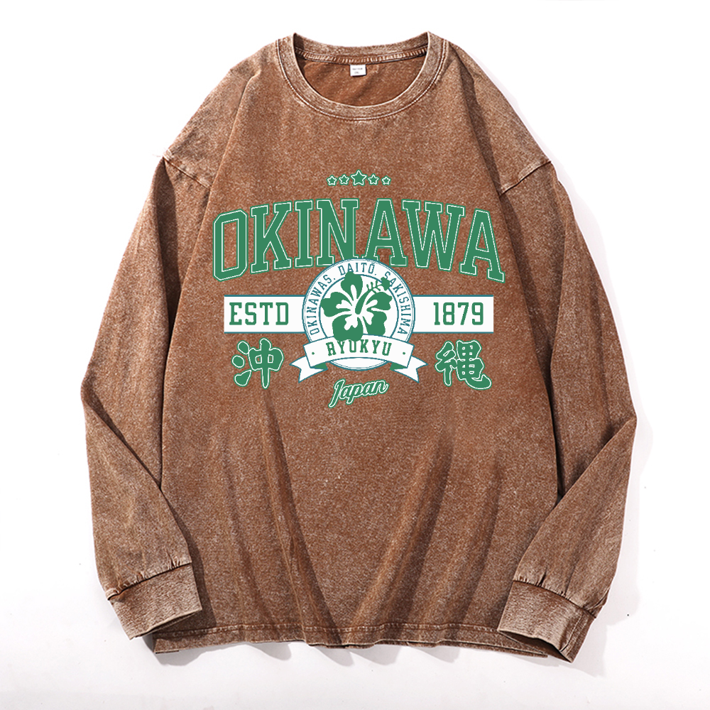 Okinawa Daito Sakishima Ryukyu Vintage Cotton Wash Crewneck Long-Sleeve T-Shirt