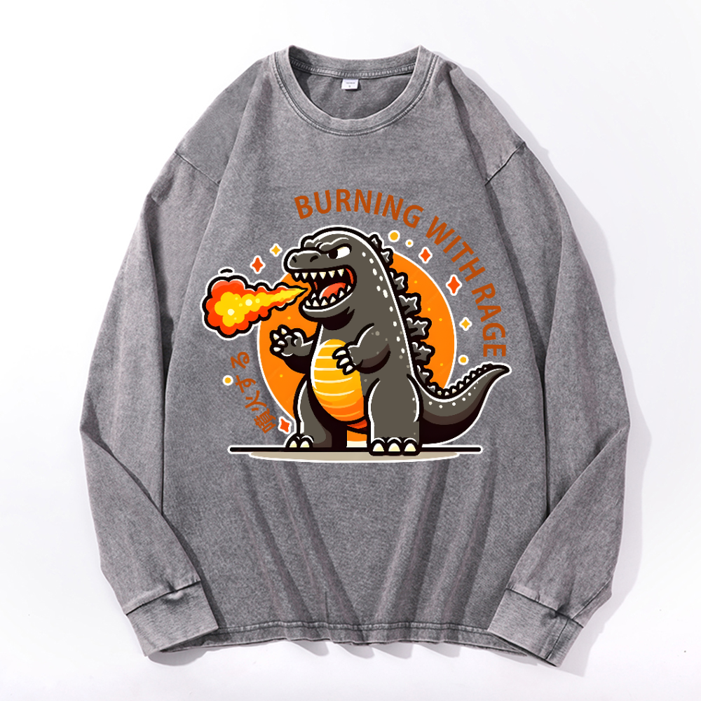 Burning Kaiju Vintage Cotton Wash Long-sleeve T-shirt