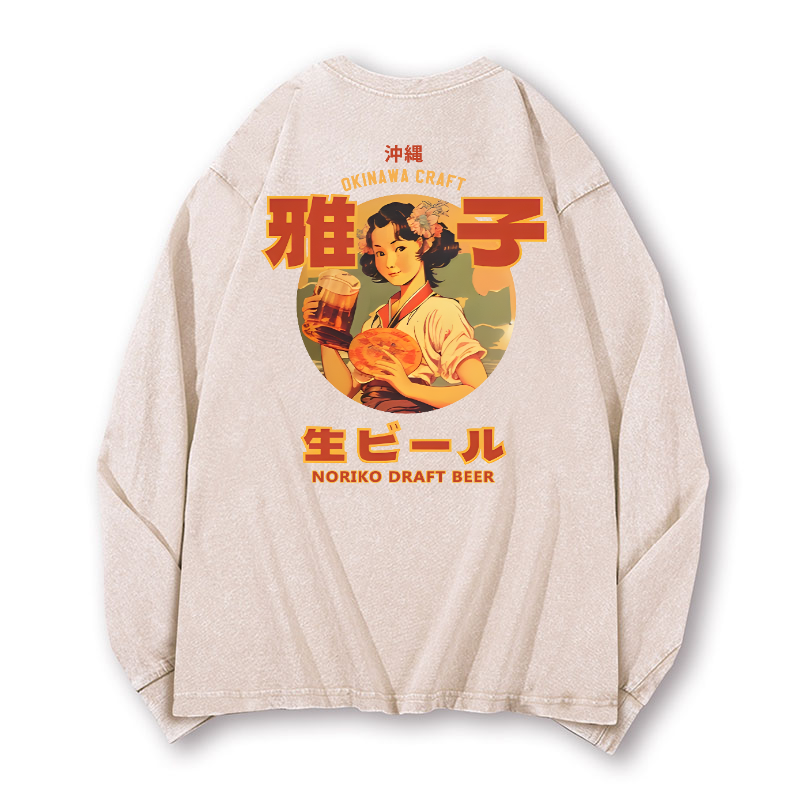 Noriko Draft Beer Vintage Washed Cotton Back Art Long-sleeve T-shirt