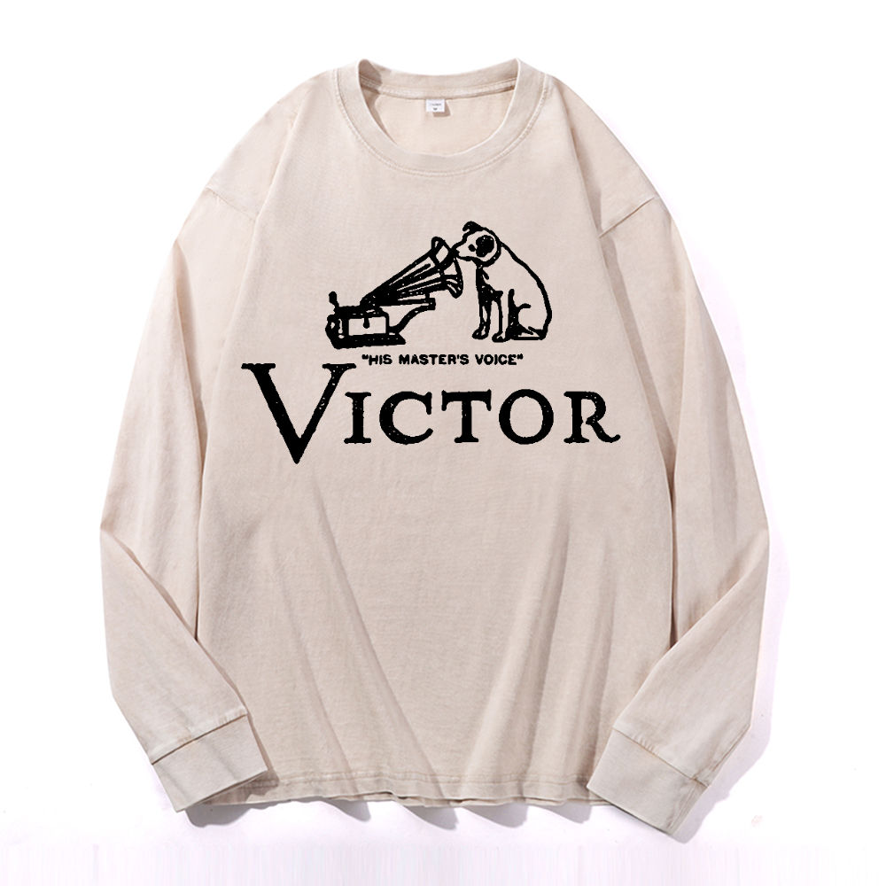 JVC Victor Dog Vintage Cotton Wash Crewneck Long-Sleeve T-Shirt