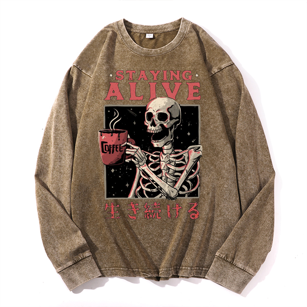 Staying Alive Vintage Cotton Wash Crewneck Long-Sleeve T-Shirt