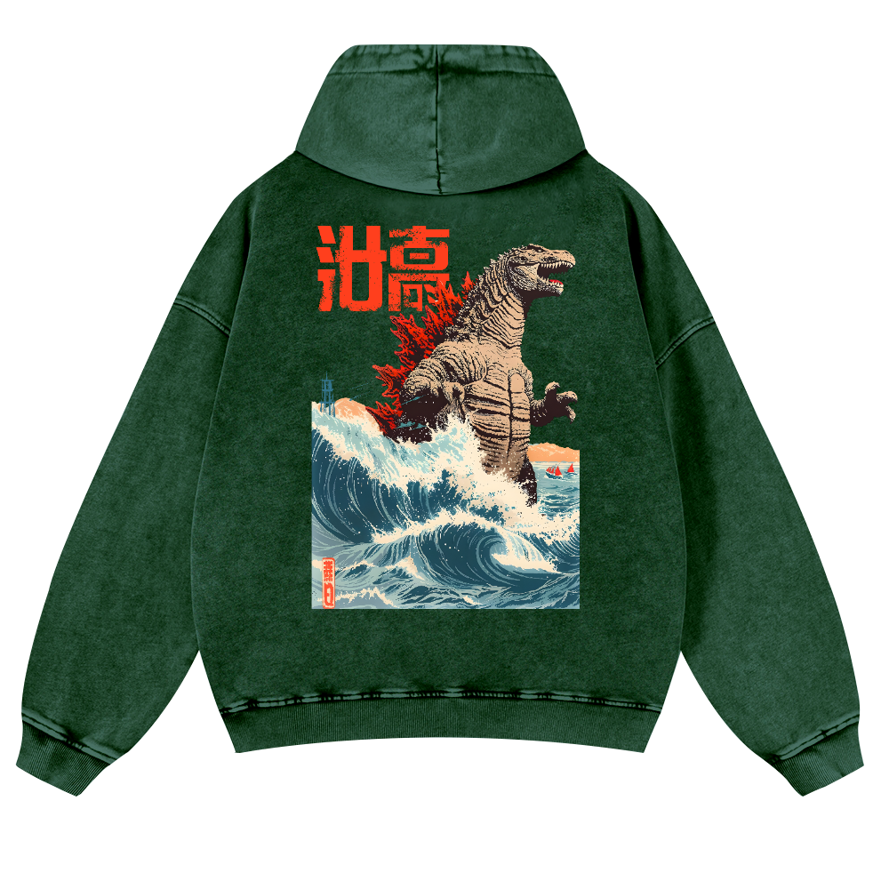 Kaiju Wave Vintage Washed Cotton Back Art Hoodie