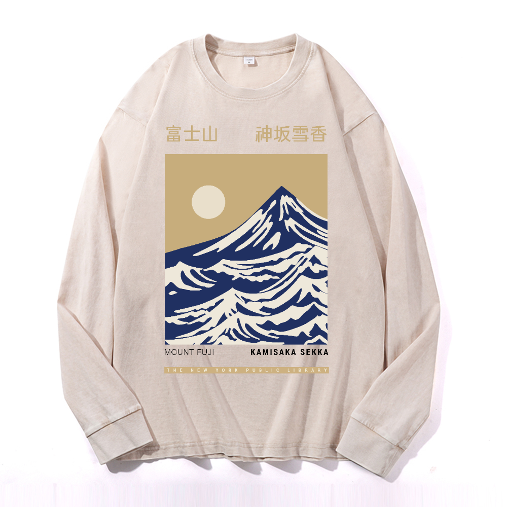 Mount Fuji Vintage Cotton Wash Crewneck Long-Sleeve T-Shirt
