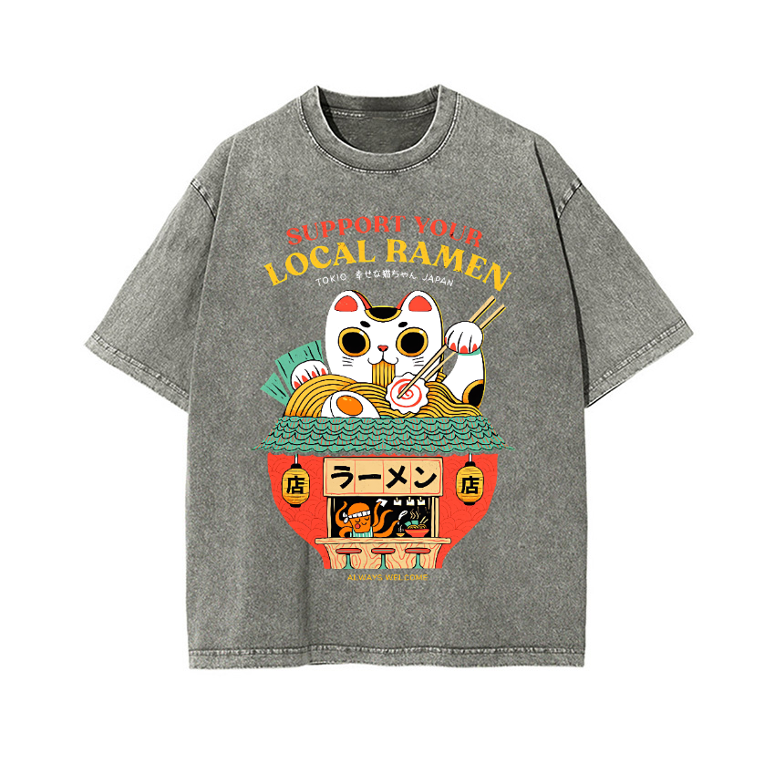 Ramen Lucky Cat Vintage Wash Japanese Design T-Shirt