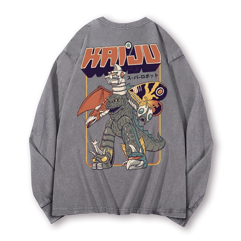 Kaiju Monster Vintage Washed Cotton Back Art Long-sleeve T-shirt