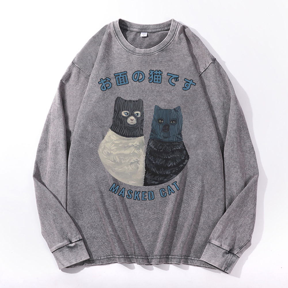 Masked Cat Vintage Cotton Wash Crewneck Long-Sleeve T-Shirt