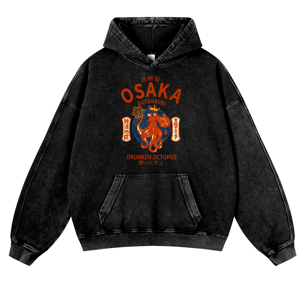 Osaka Dotonbori Drunken Octopus Vintage Washed Thick Cotton Hoodie