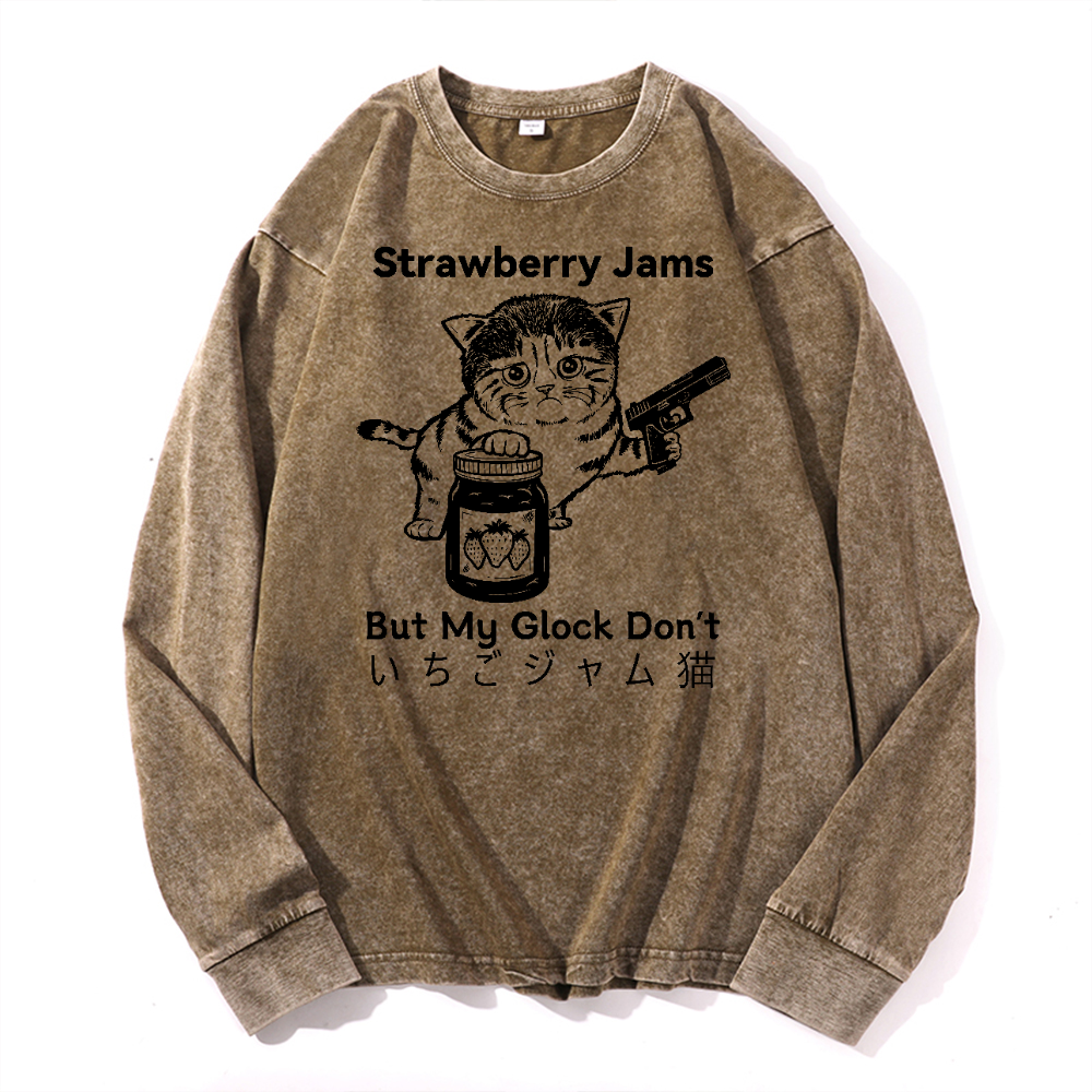 Strawberry Jams Cat Vintage Cotton Wash Long-sleeve T-shirt