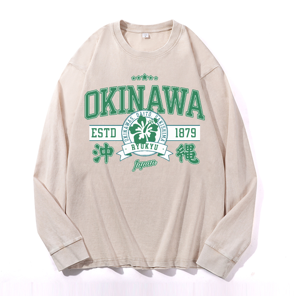 Okinawa Daito Sakishima Ryukyu Vintage Cotton Wash Crewneck Long-Sleeve T-Shirt