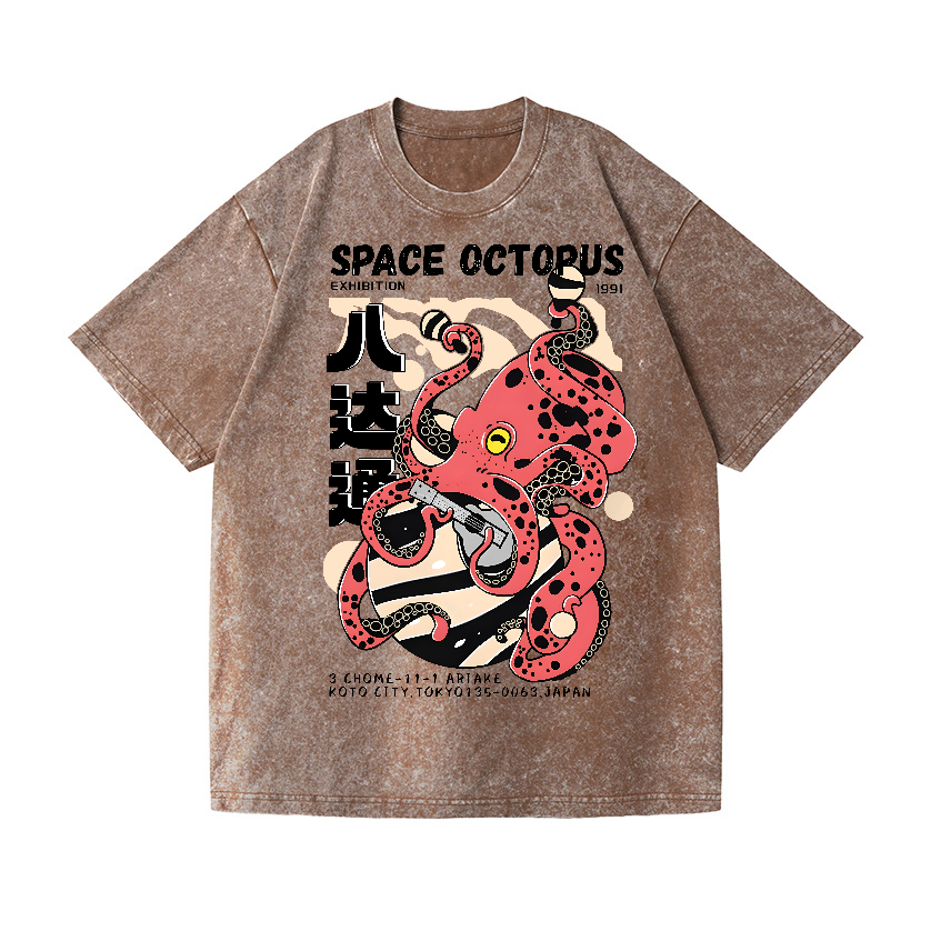 Space Octopus Vintage Wash Japanese Design T-Shirt
