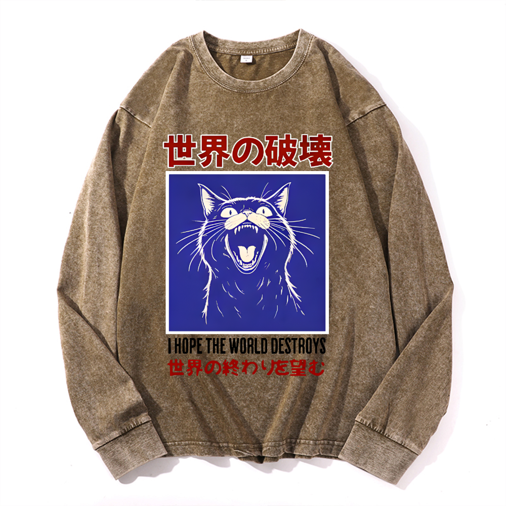 Cat Vintage Cotton Wash Crewneck Long-Sleeve T-Shirt