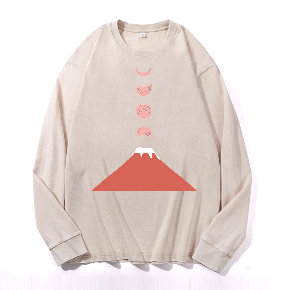 Fuji Cat Vintage Cotton Wash Crewneck Long-Sleeve T-Shirt