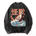 Kaiju Sushi Monster Wave Vintage Cotton Wash Crewneck Long-Sleeve T-Shirt