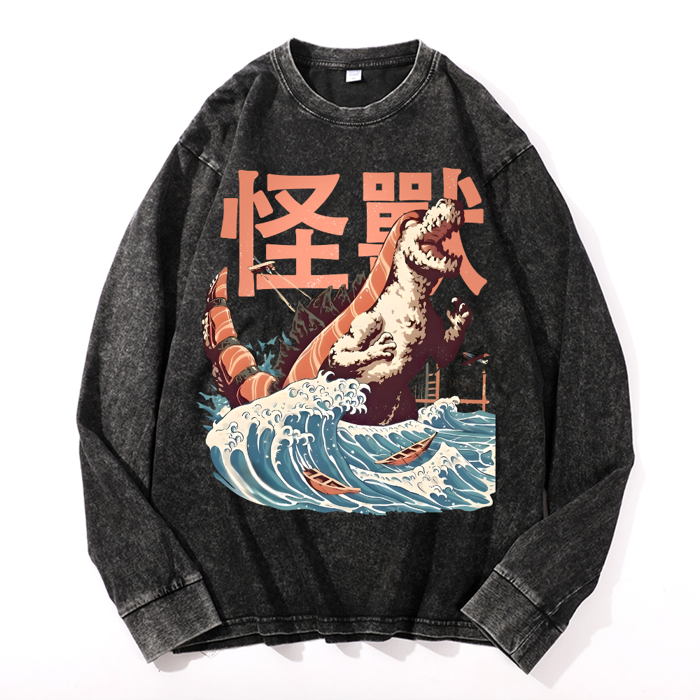 Kaiju Sushi Monster Wave Vintage Cotton Wash Crewneck Long-Sleeve T-Shirt