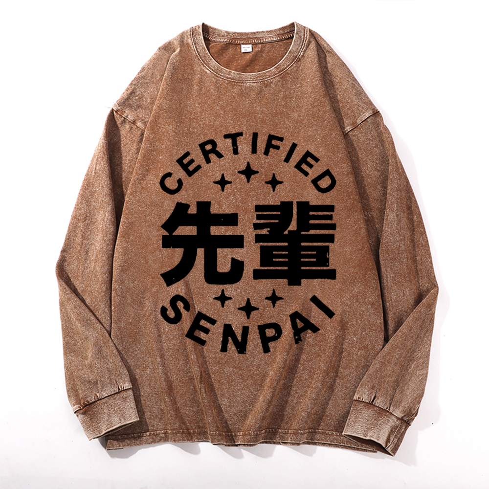 Senpai Vintage Cotton Wash Crewneck Long-Sleeve T-Shirt