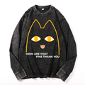 Cat Vintage Cotton Wash Crewneck Long-Sleeve T-Shirt