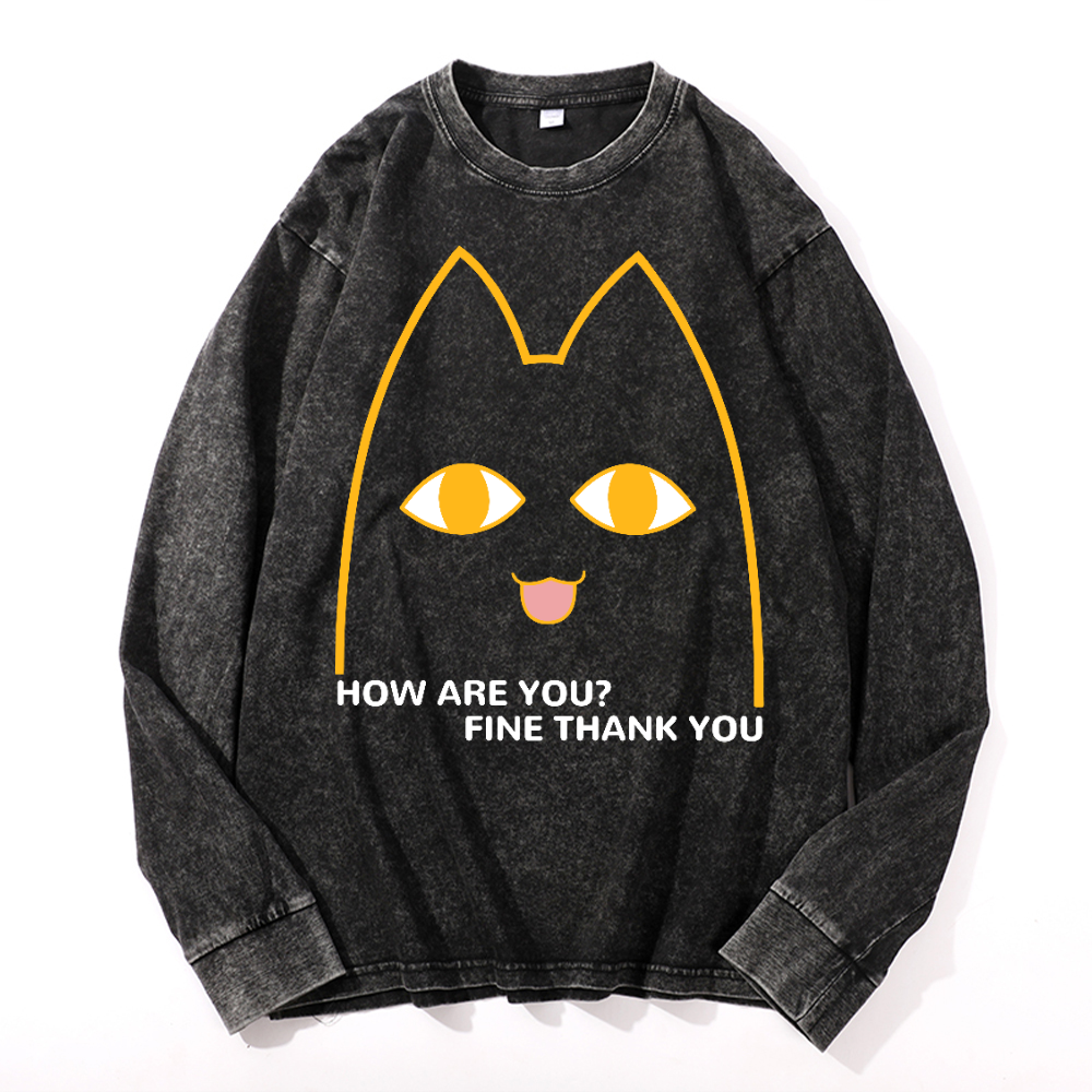 Cat Vintage Cotton Wash Crewneck Long-Sleeve T-Shirt