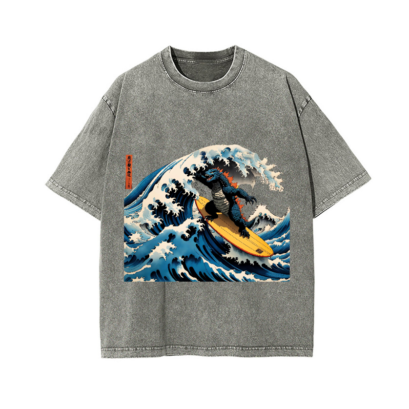 Kaiju Wave Vintage Wash Japanese Design T-Shirt