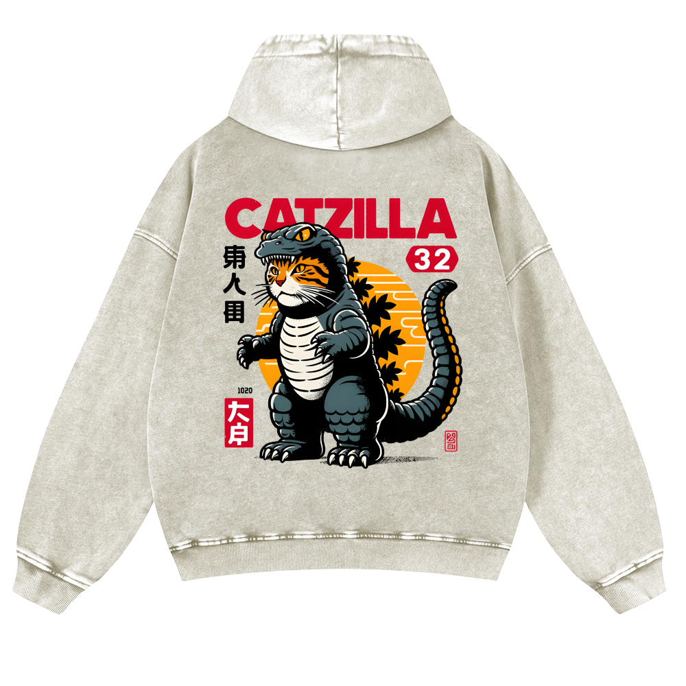 Cat Kaiju Catzilla Vintage Washed Cotton Back Art Hoodie