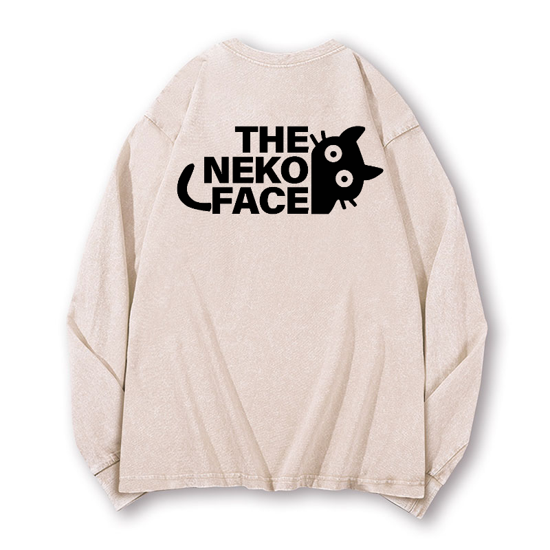 The Neko Face Vintage Washed Cotton Back Art Long-sleeve T-shirt