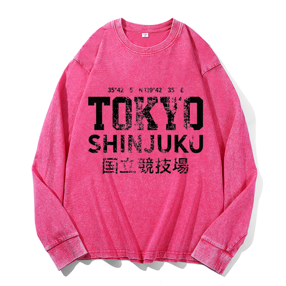 Tokyo Shinjuku Vintage Cotton Wash Crewneck Long-Sleeve T-Shirt