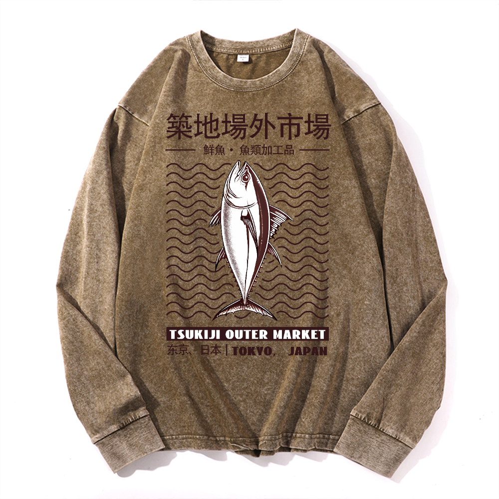 Tsukiji Market Vintage Cotton Wash Crewneck Long-Sleeve T-Shirt