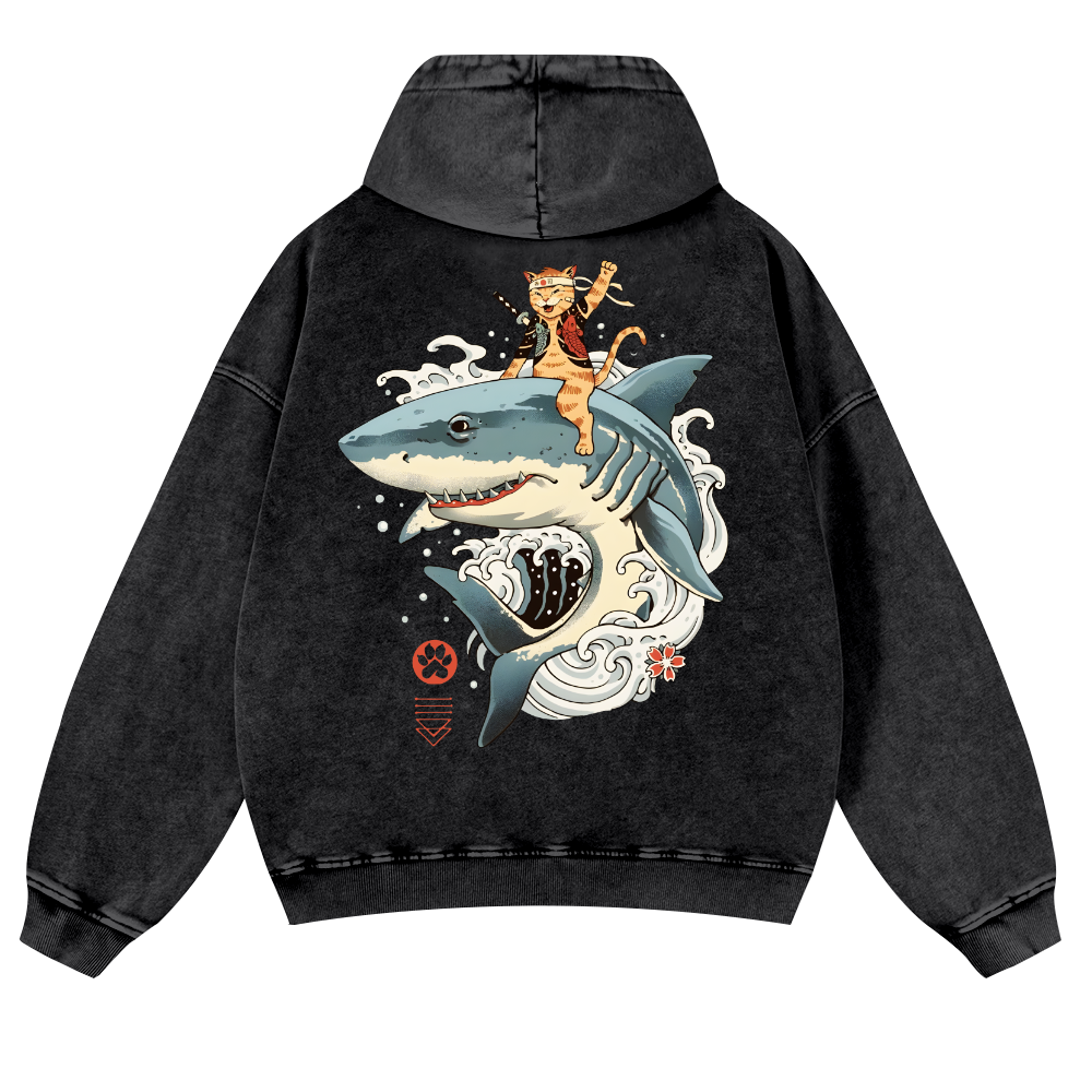 Cat Shark Vintage Washed Cotton Back Art Hoodie