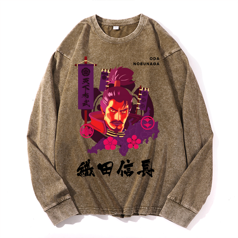 Oda Nobunaga Vintage Cotton Wash Crewneck Long-Sleeve T-Shirt