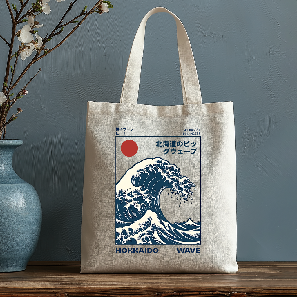 Hokkaido Wave Ukiyoe Japanese Style Canvas Tote Bag