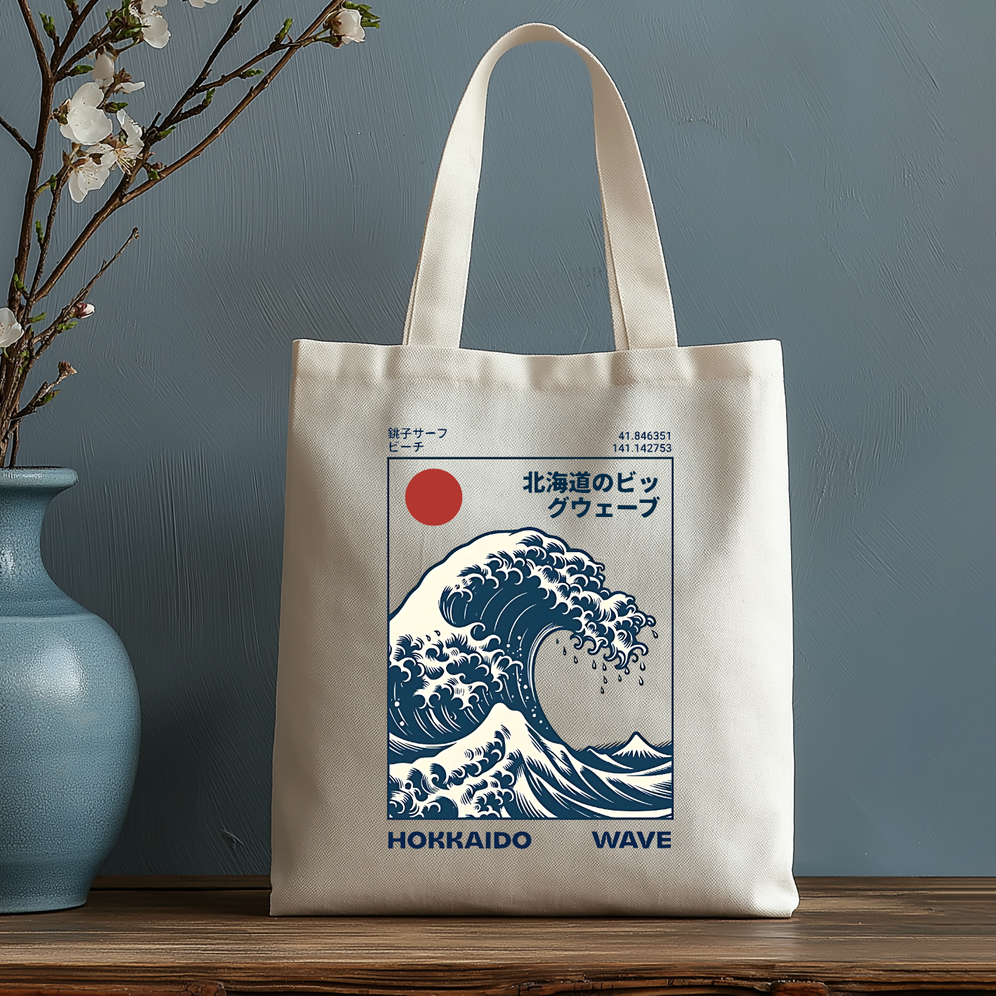 Hokkaido Wave Ukiyoe Japanese Style Canvas Tote Bag