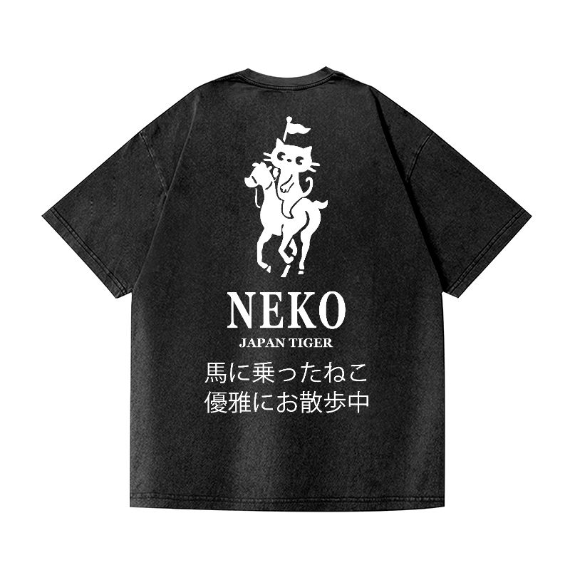 Neko Cat Vintage Wash Japanese Design Back Art T-Shirt
