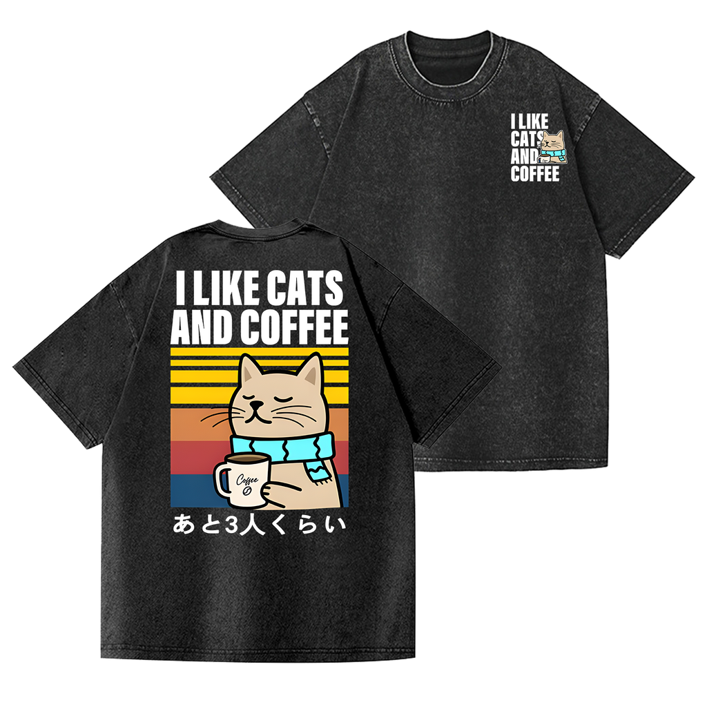 Cat Coffee Vintage Wash Japanese Design Back Art T-Shirt