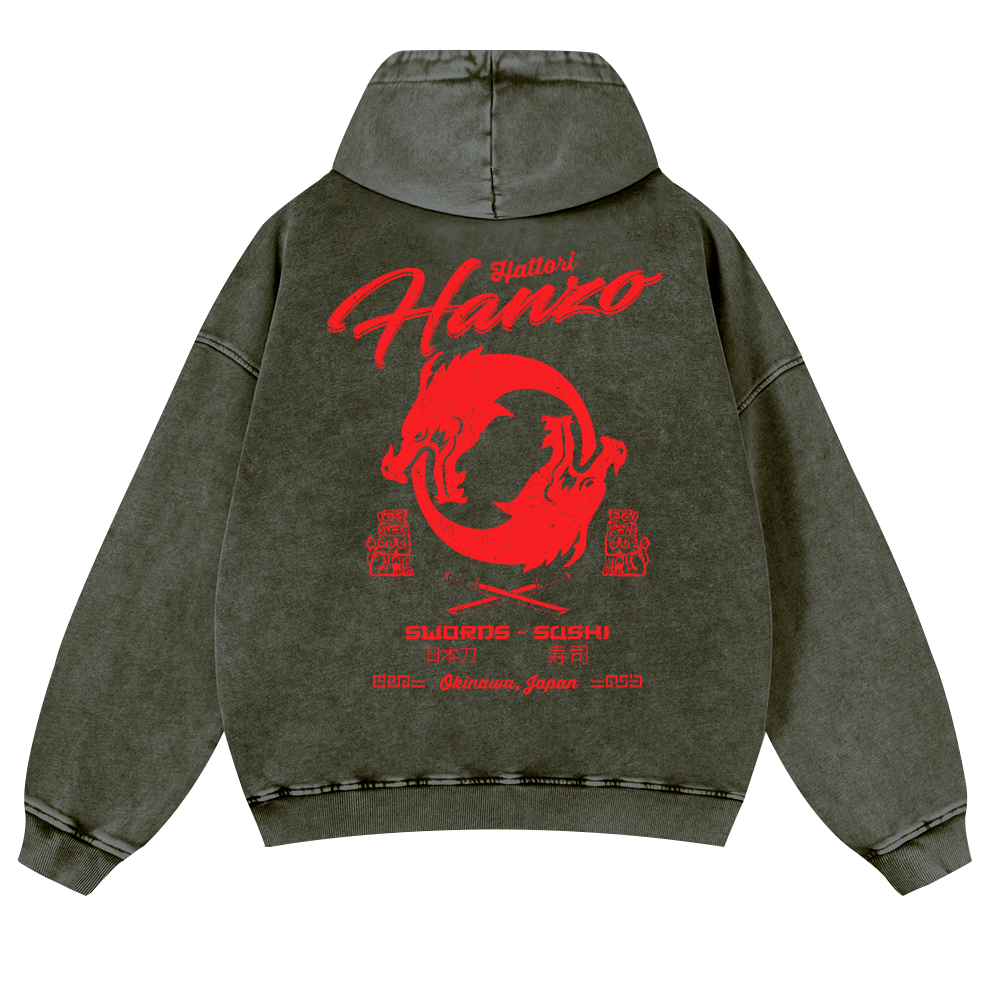 Okinawa Japan Hattori Hanzo Vintage Washed Cotton Back Art Hoodie