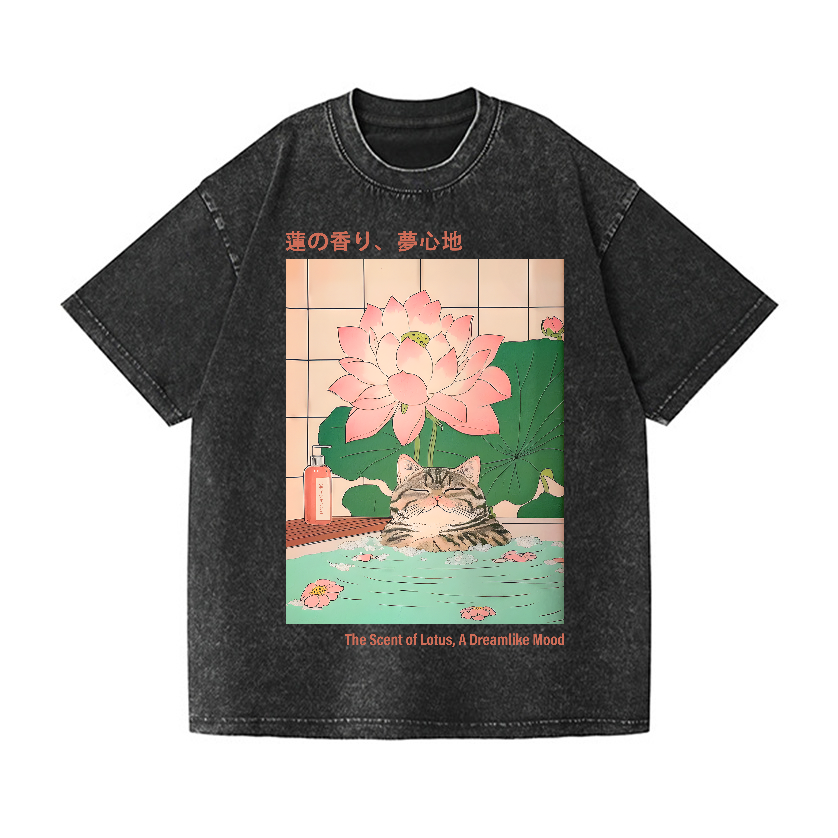 Lotus Cat Vintage Wash Japanese Design T-Shirt