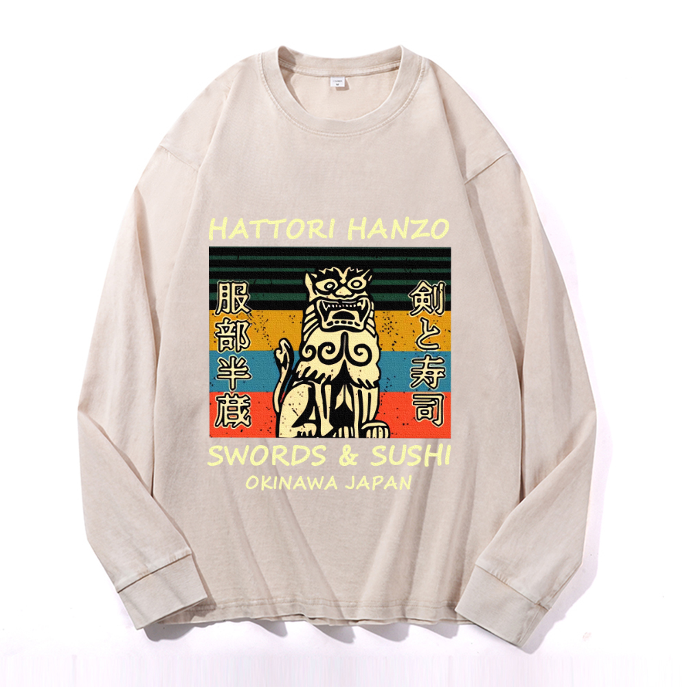 Hattori Hanzo Komainu Okinawa Japan Vintage Cotton Wash Crewneck Long-Sleeve T-Shirt