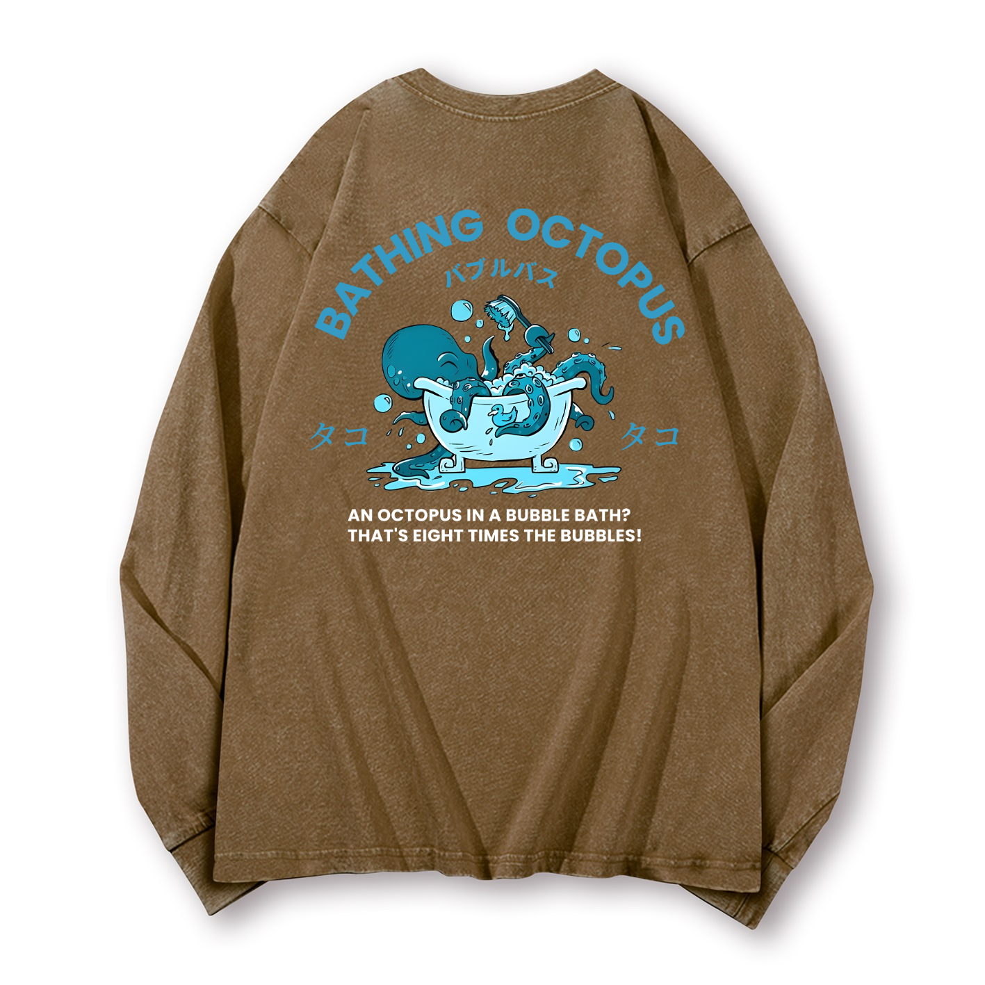 Bubble Bath Octopus Vintage Washed Cotton Back Art Long-sleeve T-shirt