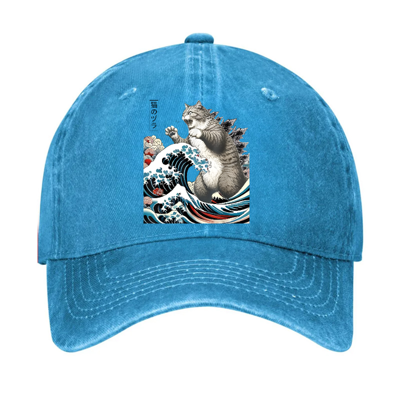 Cat Kaiju Ukiyoe Great Wave Vintage Cotton Hat