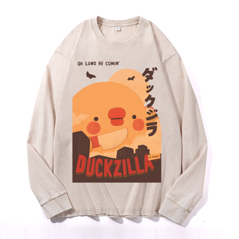 Duck Kaiju Vintage Cotton Wash Crewneck Long-Sleeve T-Shirt
