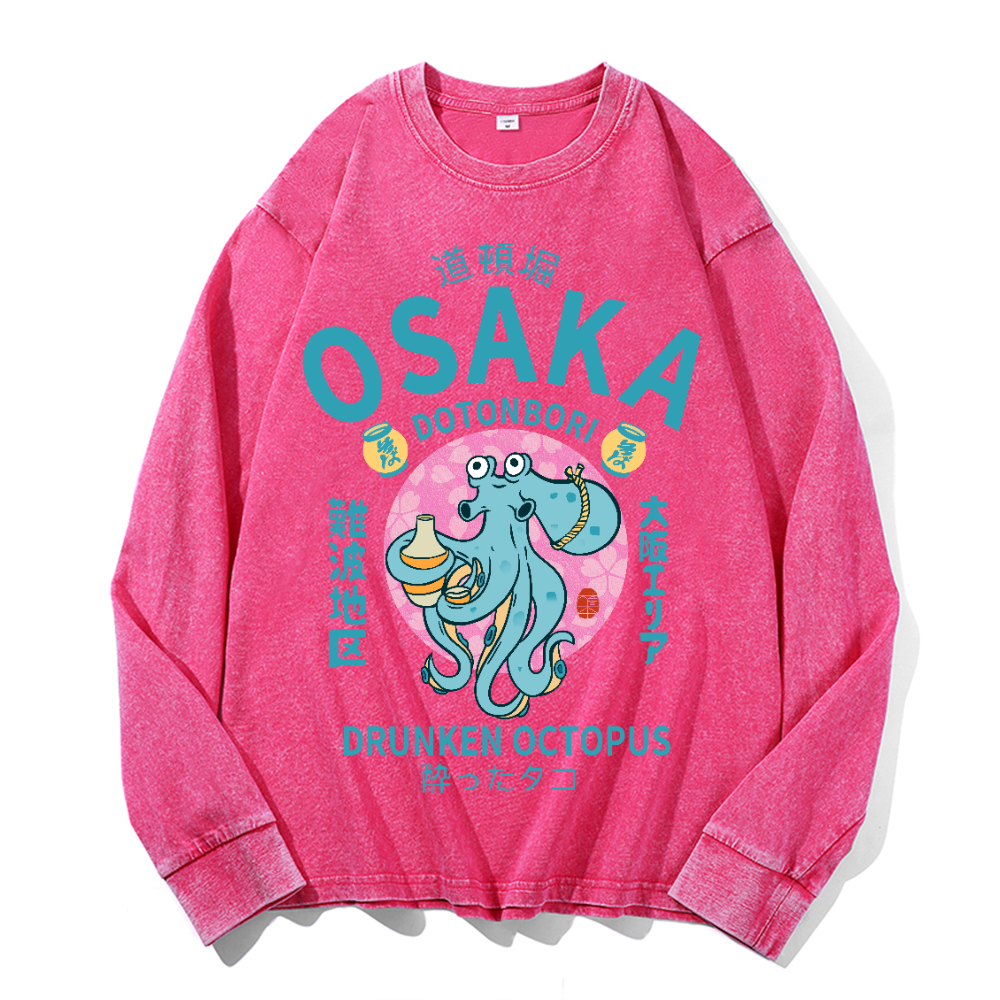 Osaka Dotonbori Drunken Octopus Vintage Cotton Wash Crewneck Long-Sleeve T-Shirt