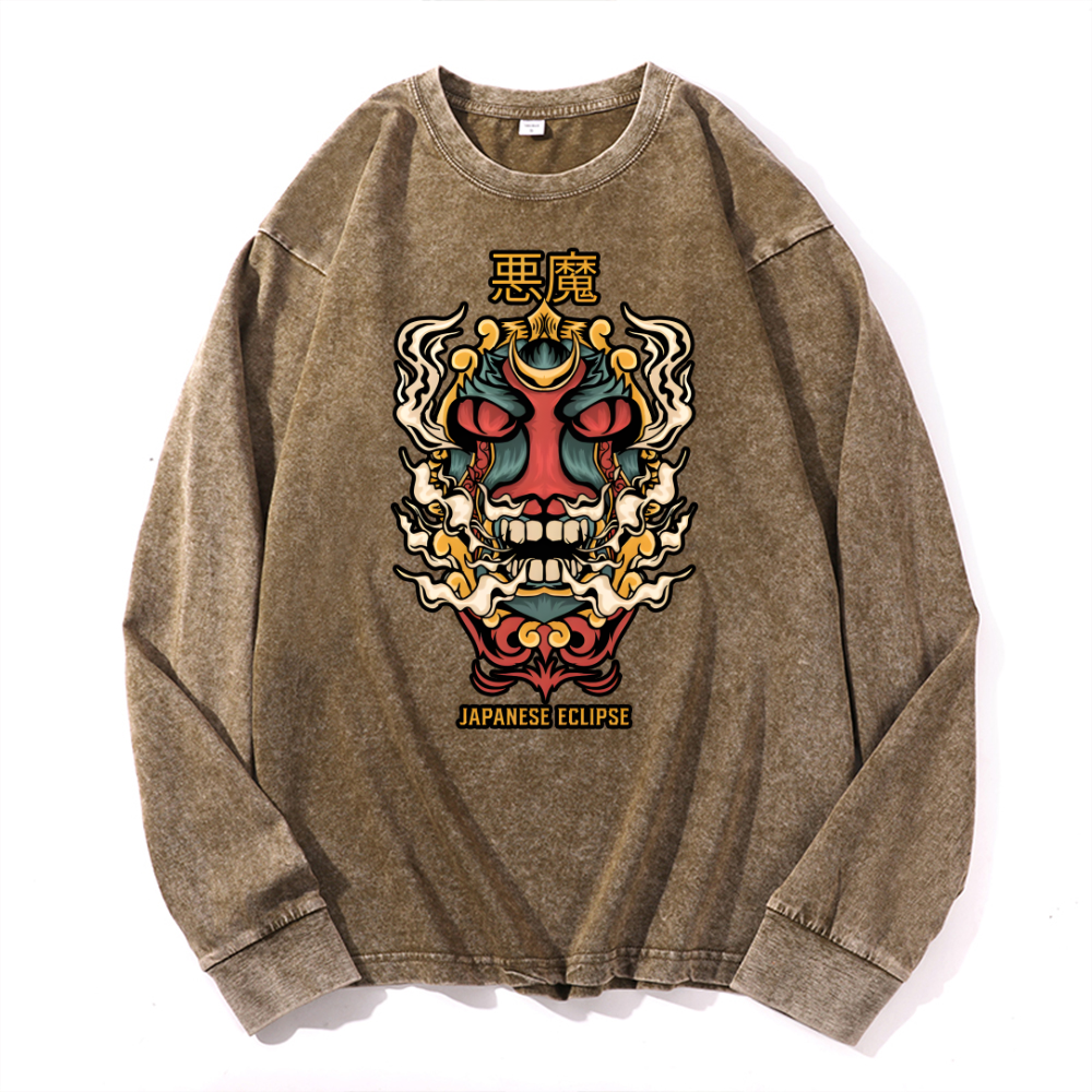 Japanese Eclipse Vintage Cotton Wash Crewneck Long-Sleeve T-Shirt