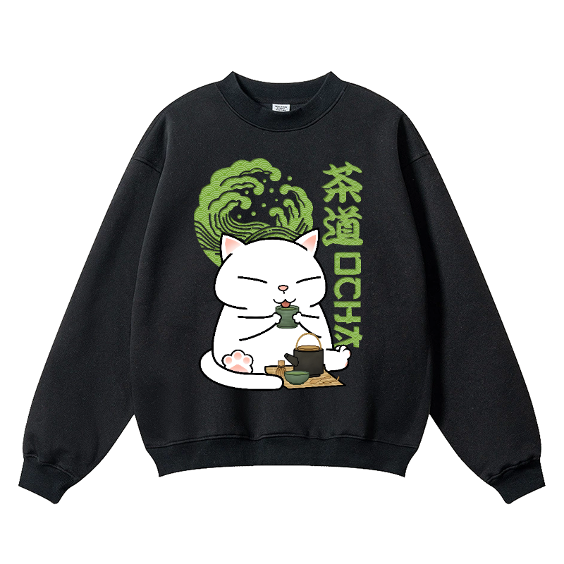 Green Tea Cat Vintage Cotton Blend Crewneck Sweatshirt